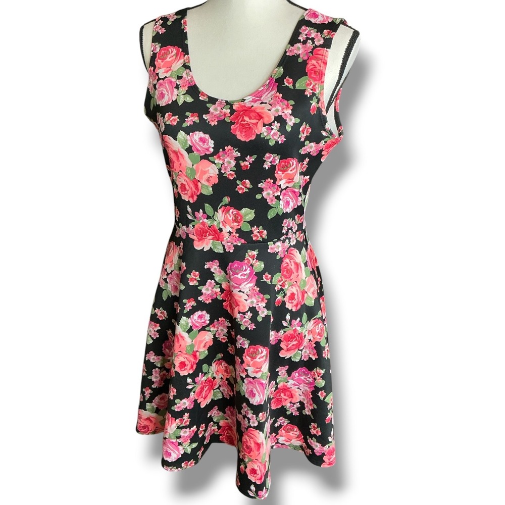 Derek Heart Black Floral Skater Dress Women Size L Sleeveless Fit Flare BUJD081